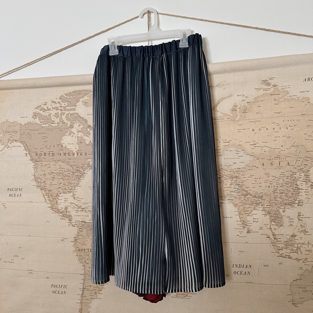 Navy & White Pleated Midi Skirt